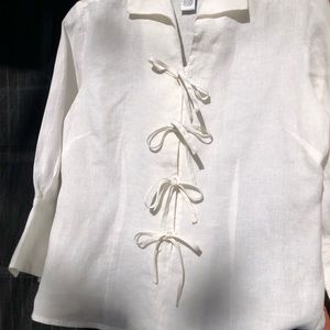 Pink Ribbon Collection White 100% Linen Tie Front Shirt Blouse M